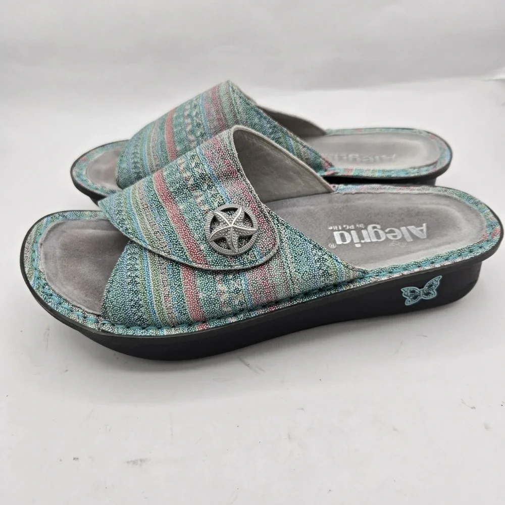 ALEGRIA Kylee Leather Printed Slide Sandals Seascape‎ Starfish EU 37 US 6.5